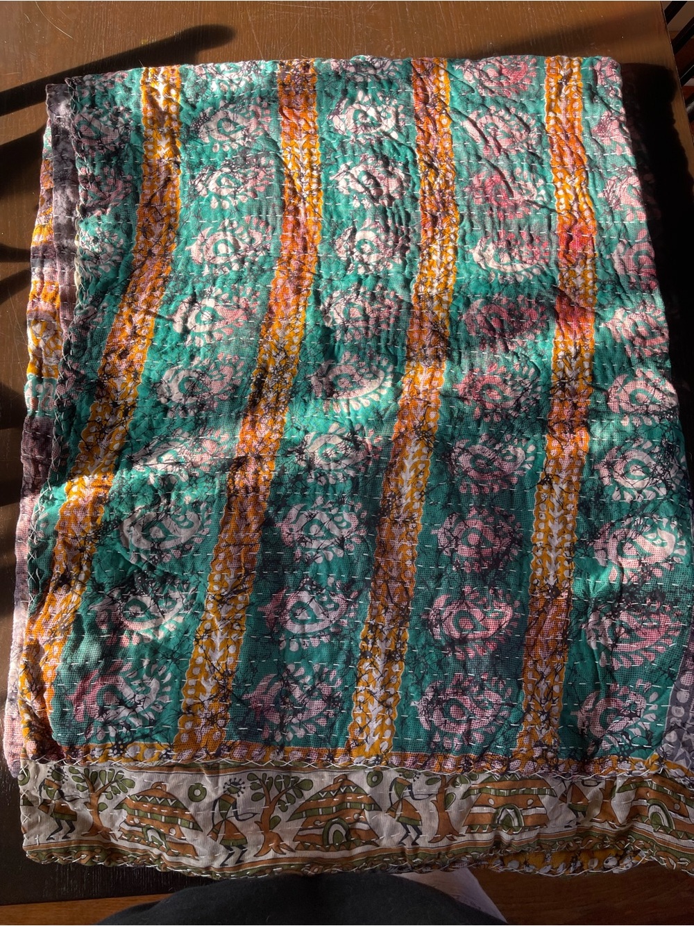 Handmade Printed Quilt Throw in Teal, Mustard & Pink